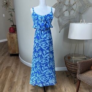 Blue Floral Spaghetti Strap Ruffle neckline Maxi Dress